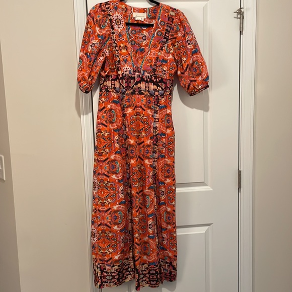 Anthropologie Red Printed Midi V Neck Dress. Women Size 8. - Picture 2 of 10